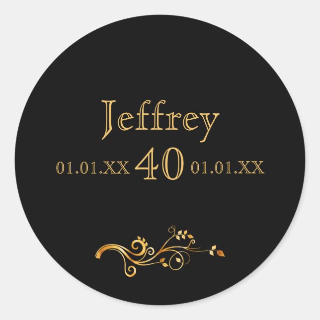 40th birthday elegant black and gold classic round sticker (Front)
