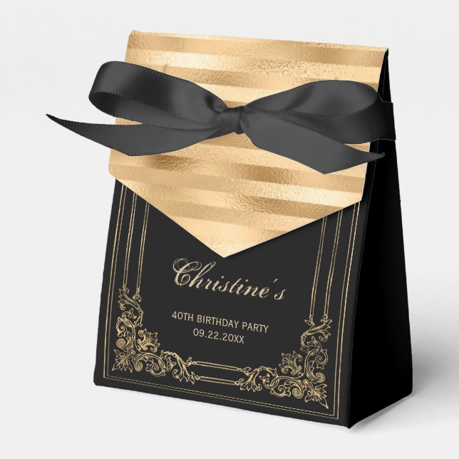 40th Birthday Elegant Black Gold Framed Script Favour Box (Front Side)