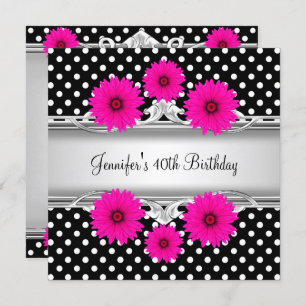 40th Birthday Elegant Black White spot Pink floral Invitation