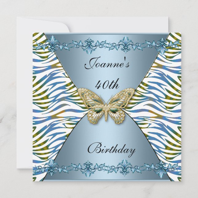 40th Birthday Elegant Blue Animal Stripe Butterfly Invitation (Front)