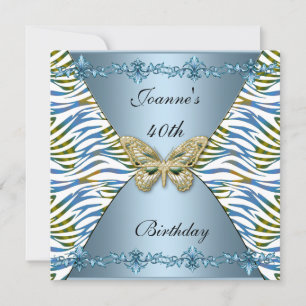 40th Birthday Elegant Blue Animal Stripe Butterfly Invitation