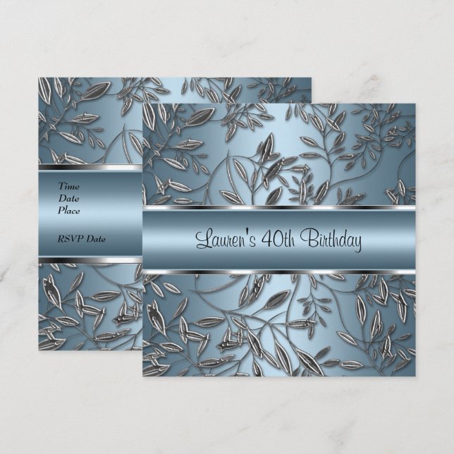 40th Birthday Elegant Blue Silver Floral Invitation (Front/Back)