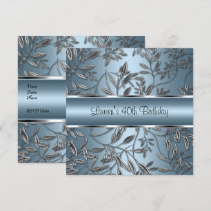 40th Birthday Elegant Blue Silver Floral Invitation