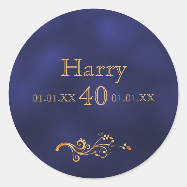 40th birthday elegant dark blue and gold classic round sticker (Front)