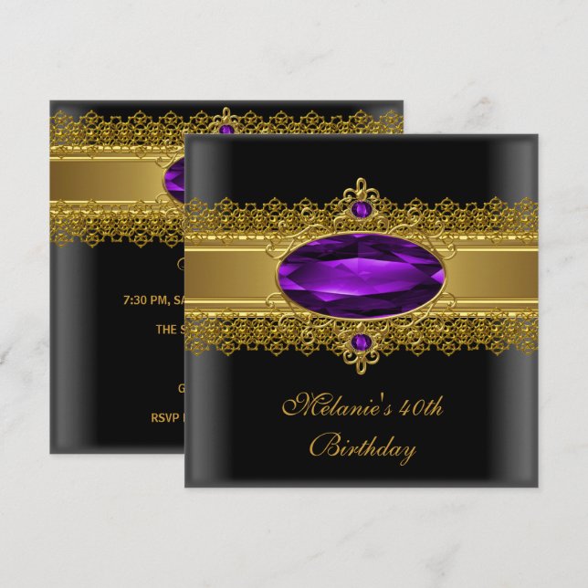 40th Birthday Elegant Lace Black Purple Gold Invitation (Front/Back)