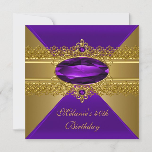 40th Birthday Elegant Lace Purple Gold Invitation (Front)