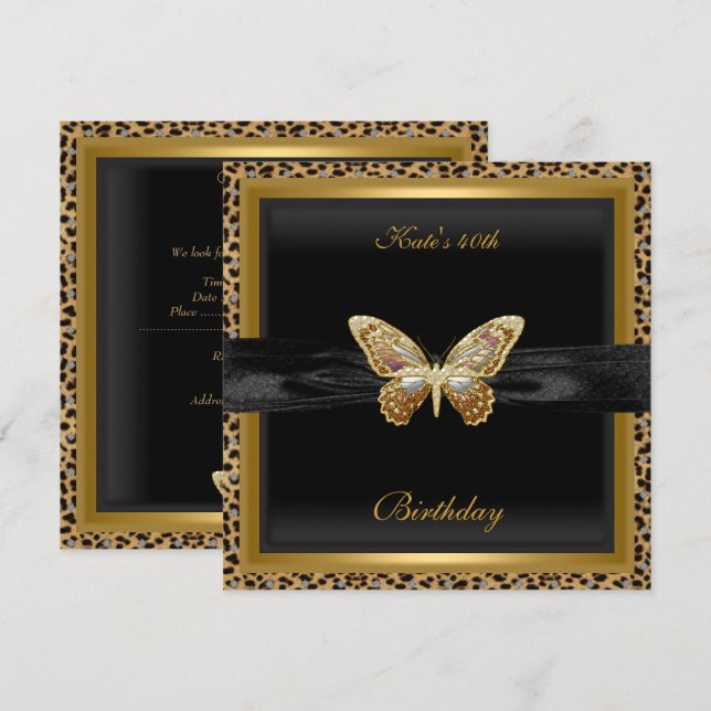 40th Birthday Elegant Leopard Gold Butterfly Invitation (Front/Back)