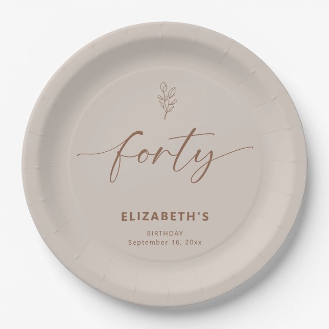 40th Birthday Elegant Minimal Boho Paper Plate (Front)
