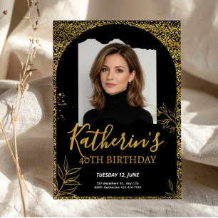 40th Birthday Elegant Photo Black & Gold Invitation