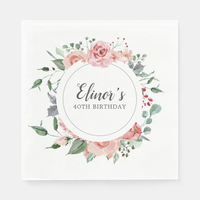 40th Birthday Elegant Pink Rose Floral Napkin (Front)