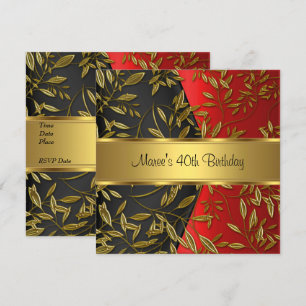 40th Birthday Elegant Red Gold Floral Black Invitation