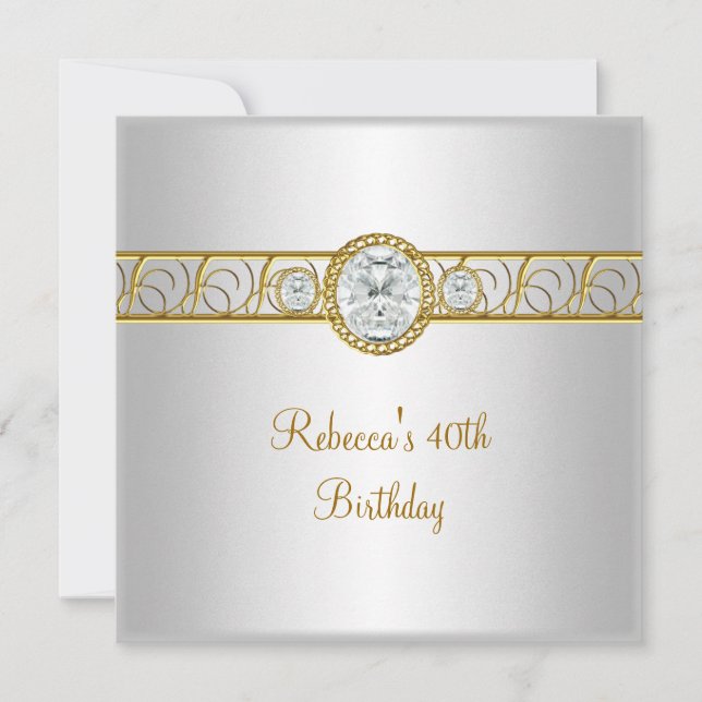 40th Birthday Elegant White Gold Diamond Jewel Invitation (Front)