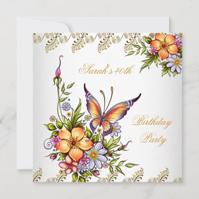 40th Birthday Elegant White Pink Yellow Flowers Invitation (Front)