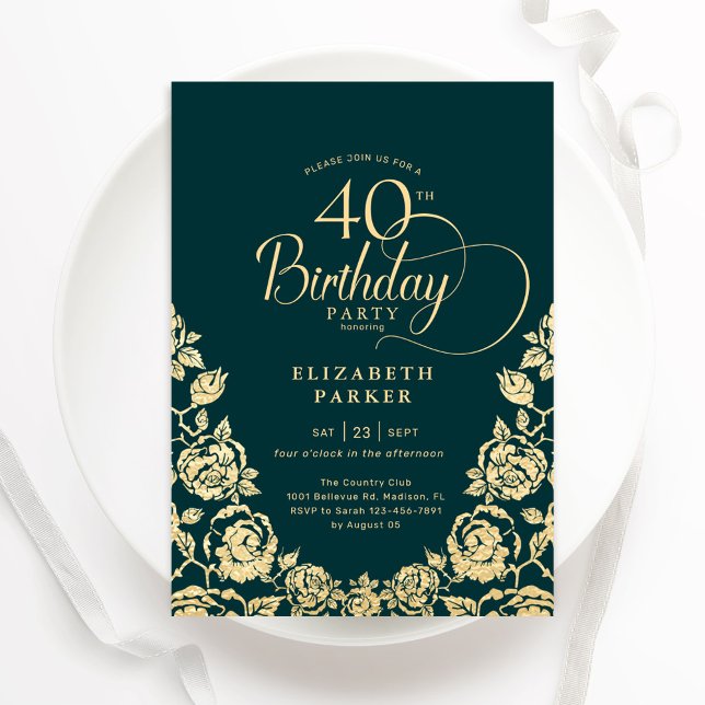 40th Birthday Emerald Green Gold Roses Invitation (Creator Uploaded)