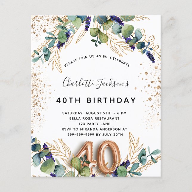 40th birthday eucalyptus budget invitation flyer (Front)