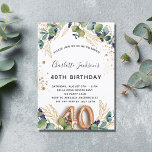 40th birthday eucalyptus greenery glitter elegant invitation<br><div class="desc">For a 40th birthday party. A white background decorated with eucalyptus greenery and golden leaves. Golden faux glitter spots. Personalise and add your names and wedding details. Black and golden coloured letters. Number 40 is written with balloon style font.
Back: white background and golden faux glitter spots</div>