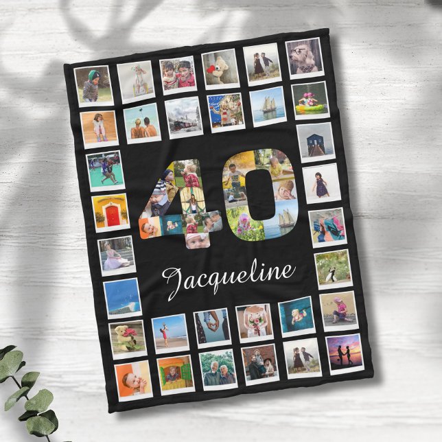 40th Birthday Family Photo Collage 47 Photographs Fleece Blanket (40th birthday personalized fleece blanket with custom photos and name)
