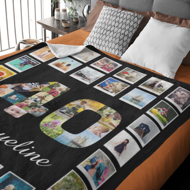 40th Birthday Family Photo Collage Large Fleece Blanket (Large 40th birthday fleece blanket personalized with name and favorite photos.)