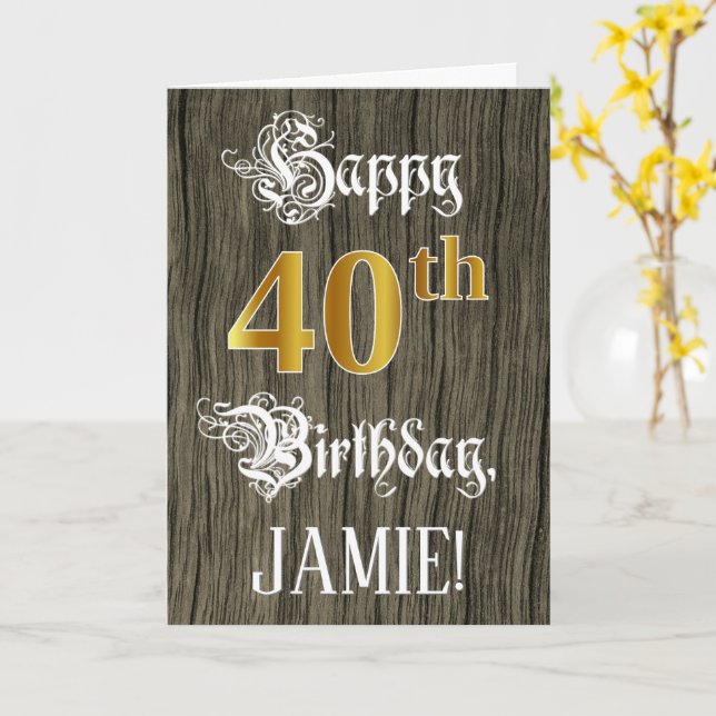 40th Birthday: Faux Gold Look + Faux Wood Pattern Card (Yellow Flower)