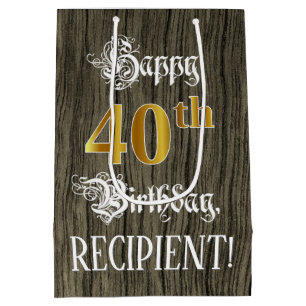 40th Birthday: Faux Gold Look & Faux Wood Pattern Medium Gift Bag