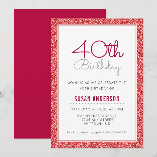 40th Birthday Faux Red Glitter Invitation (Front/Back)