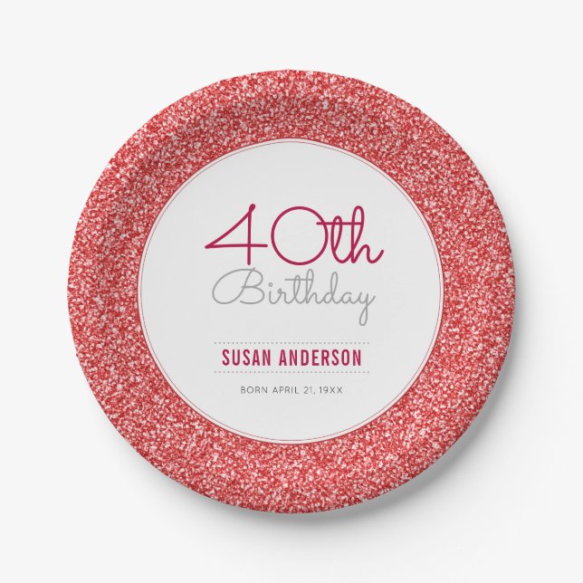 40th Birthday Faux Red Glitter Paper Plate (Front)
