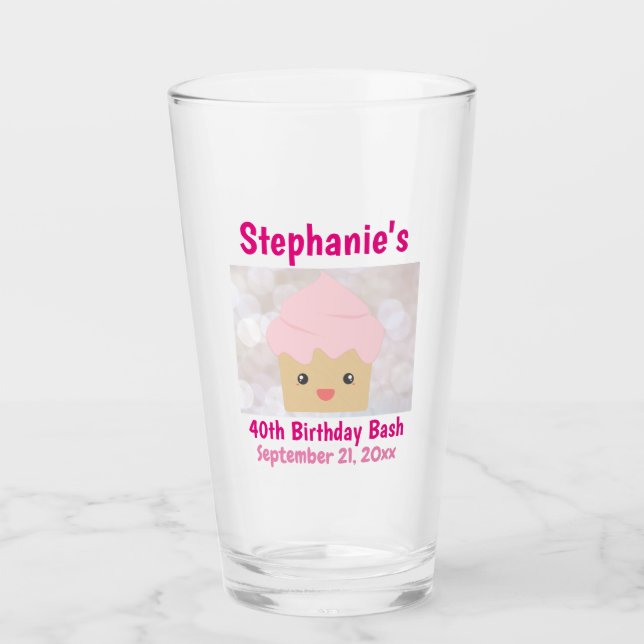40th Birthday Favour Cute Pink Cupcake Beer Pint Glass (Front)