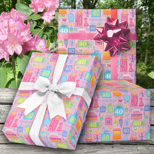 40th Birthday Floral Cake Balloons Hat Presents  Wrapping Paper