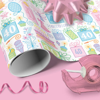 40th Birthday Floral Cake Balloons Hat Presents  Wrapping Paper
