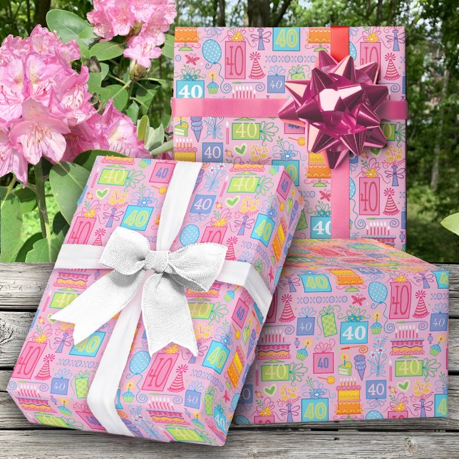 40th Birthday Floral Cake Balloons Hat Presents  Wrapping Paper (Creator Uploaded)