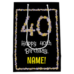 40th Birthday: Floral Flowers Number, Custom Name Medium Gift Bag