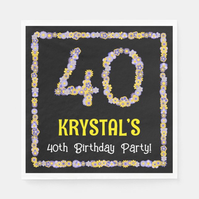 40th Birthday: Floral Flowers Number, Custom Name Napkin (Front)