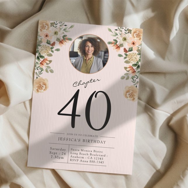 40th Birthday Floral Photo Party Invitation (Custom 40th birthday party invitation in blush pink with photo on cloth background)