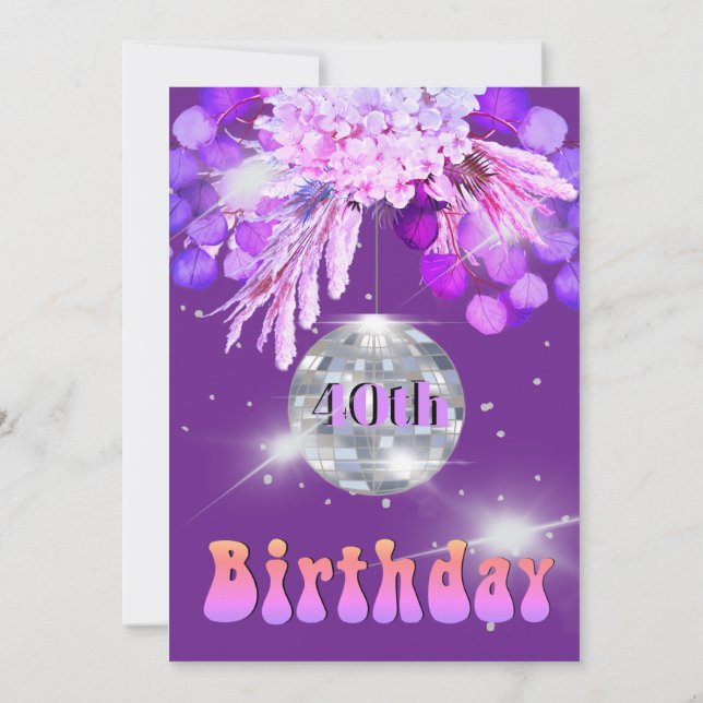 40th Birthday Floral Purple Disco Ball Invitation (Back)
