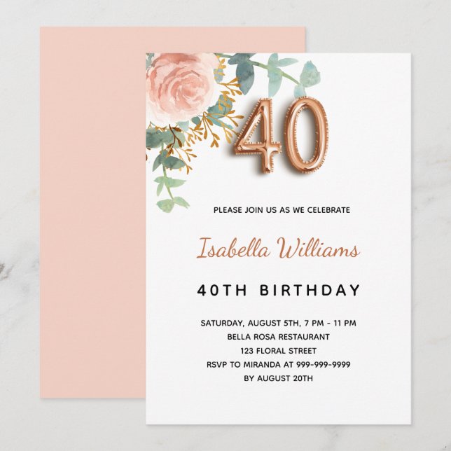 40th birthday floral rose gold eucalyptus greenery invitation (Front/Back)