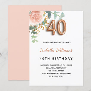 40th birthday floral rose gold eucalyptus greenery invitation
