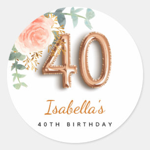 40th birthday floral rose gold eucalyptus monogram classic round sticker