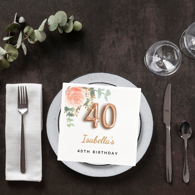 40th birthday floral rose gold eucalyptus monogram napkin (Creator Uploaded)
