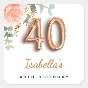 40th birthday floral rose gold eucalyptus monogram square sticker
