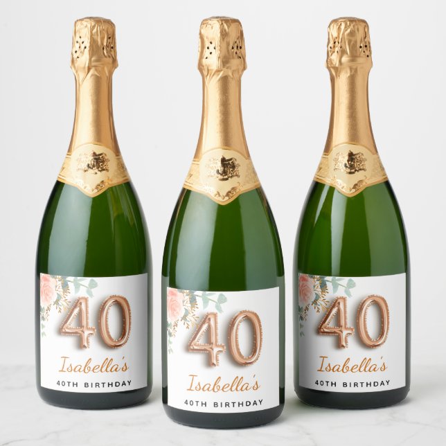 40th birthday floral rose gold eucalyptus name sparkling wine label (Bottles)