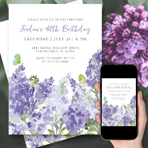 40th Birthday Floral Watercolor Elegant Lilacs  Invitation