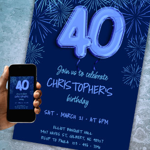 40th Birthday for Him Blue Foil Balloon Fireworks Invitation
