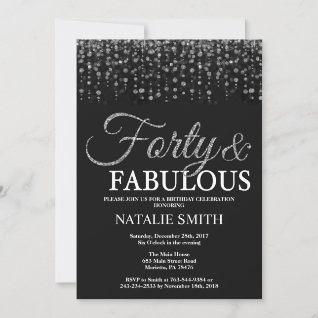 40th Birthday Forty and Fabulous Silver Glitter Invitation (Front)