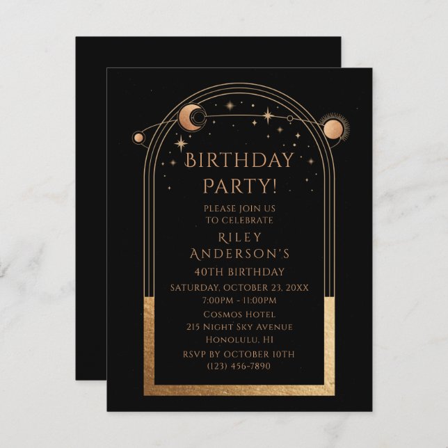 40th Birthday Forty Celestial Black Gold Astronomy Invitation (Front/Back)