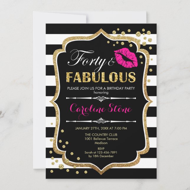 40th Birthday - Forty Fabulous Black Pink Gold Invitation (Front)
