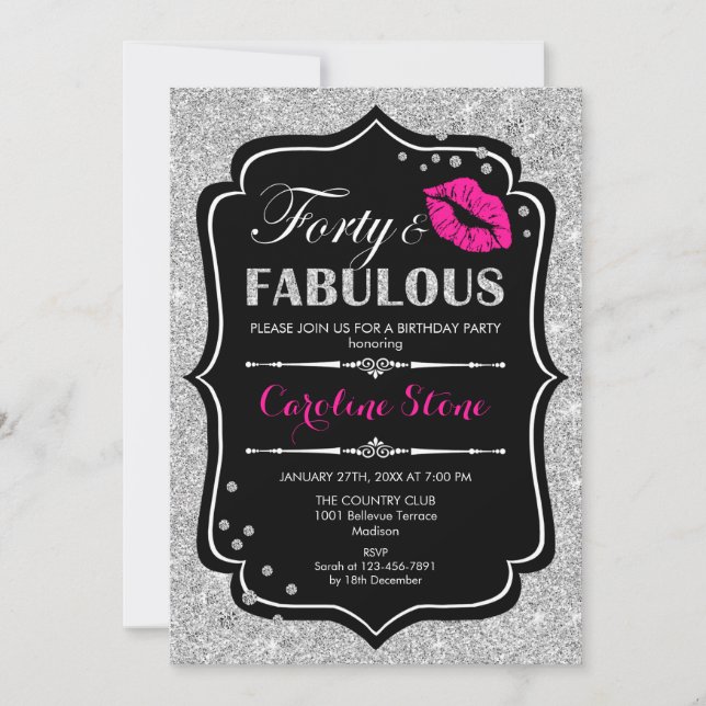 40th Birthday - Forty Fabulous Black Pink Silver Invitation (Front)