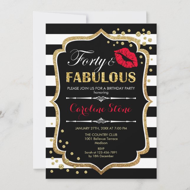 40th Birthday - Forty Fabulous Black Red Gold Invitation (Front)