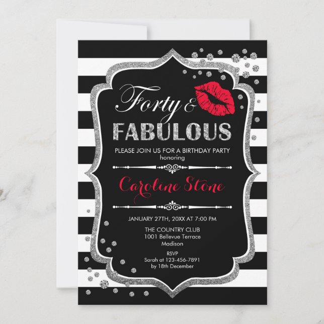 40th Birthday - Forty Fabulous Black Red Silver Invitation (Front)