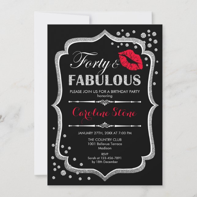 40th Birthday - Forty Fabulous Black Red Silver Invitation (Front)