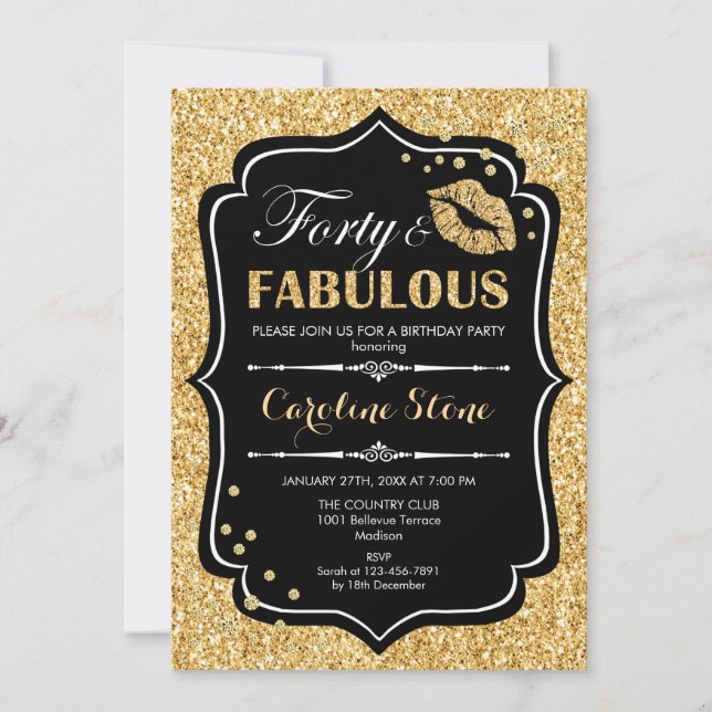 40th Birthday - Forty Fabulous Gold Black Invitation (Front)
